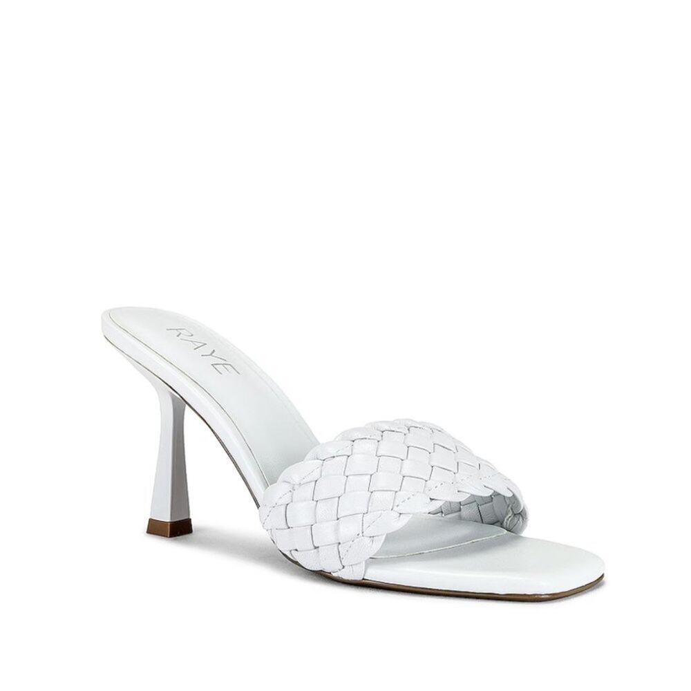 Revolve Raye Ali White Leather Woven Heels